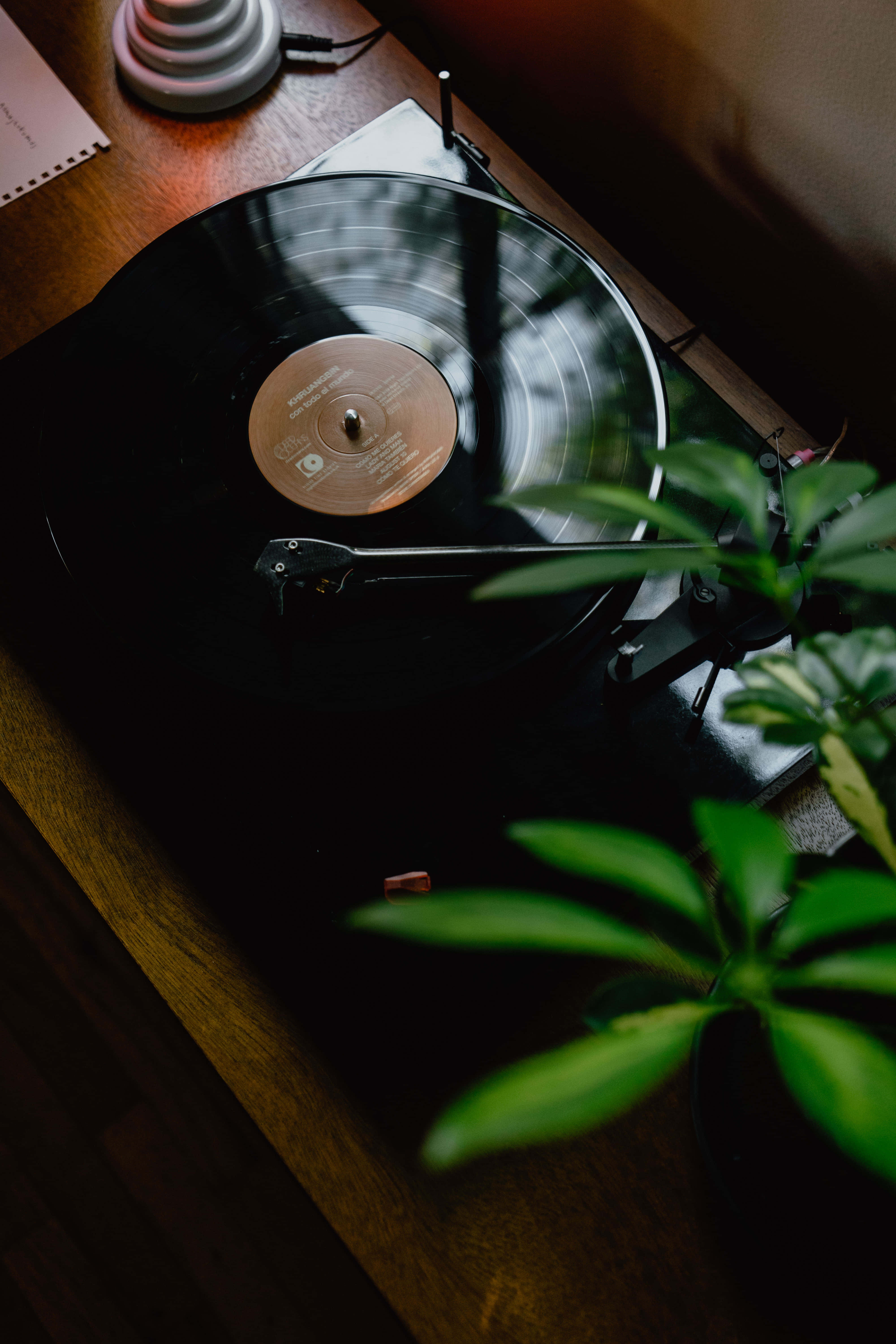 vinyl record player, vinyl record, wooden table, 5K Phone Wallpaper