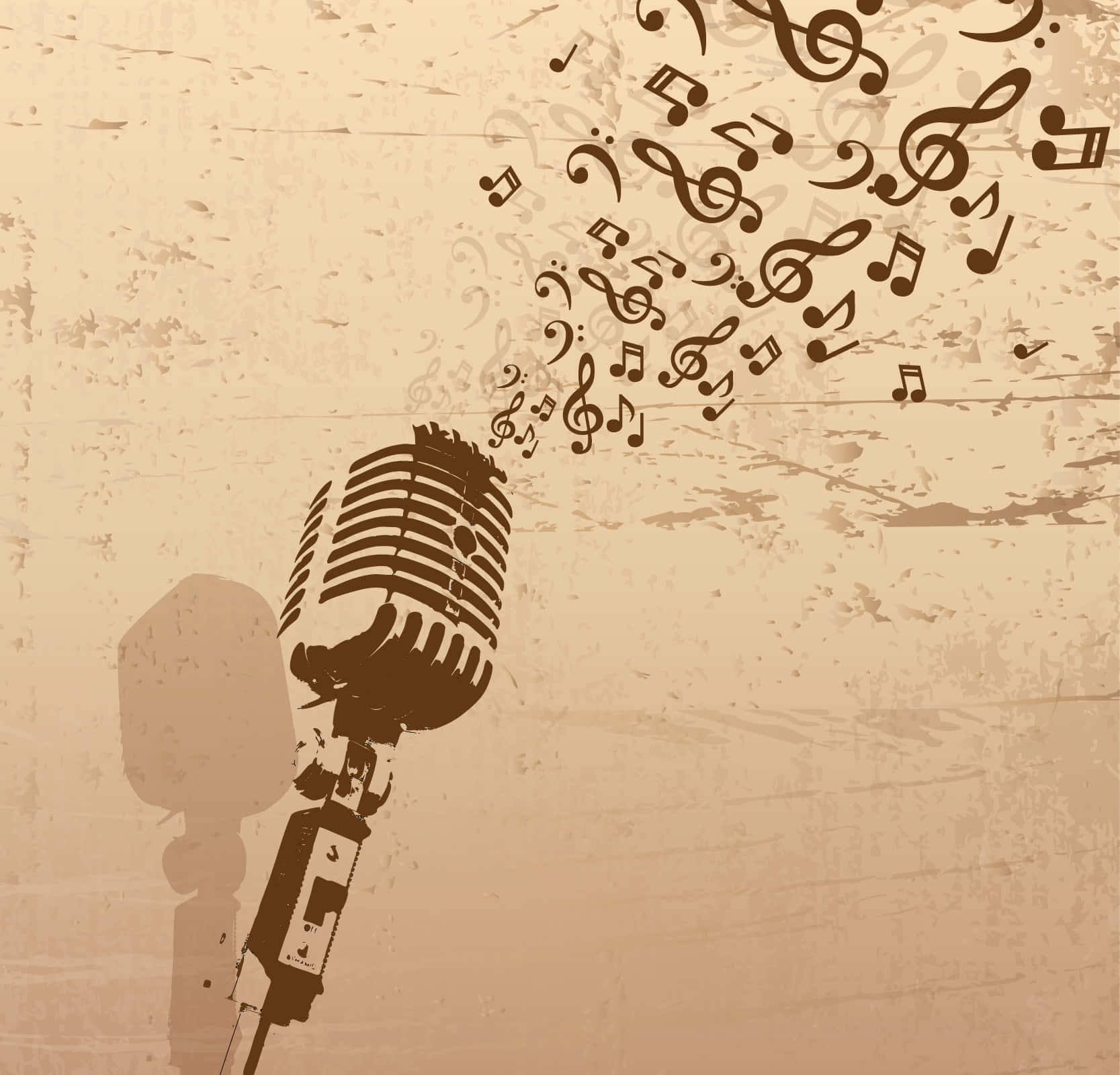 vintage microphone, swirling musical notes, textured sepia background, HD Desktop Wallpaper