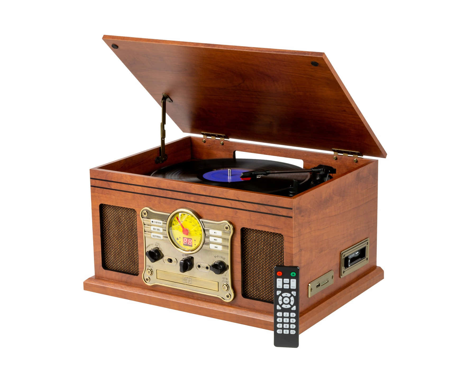 vintage-style wooden record player, hinged lid, spinning vinyl record, HD Desktop Wallpaper