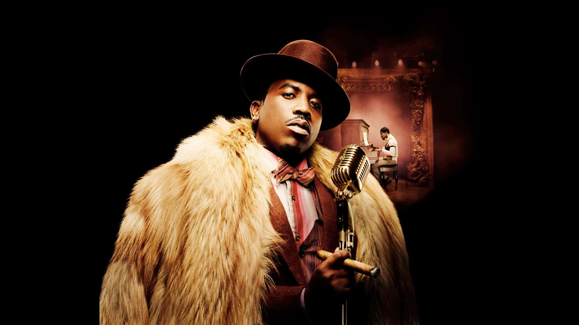 brown fedora, fur coat, vintage microphone, Full HD Desktop Wallpaper