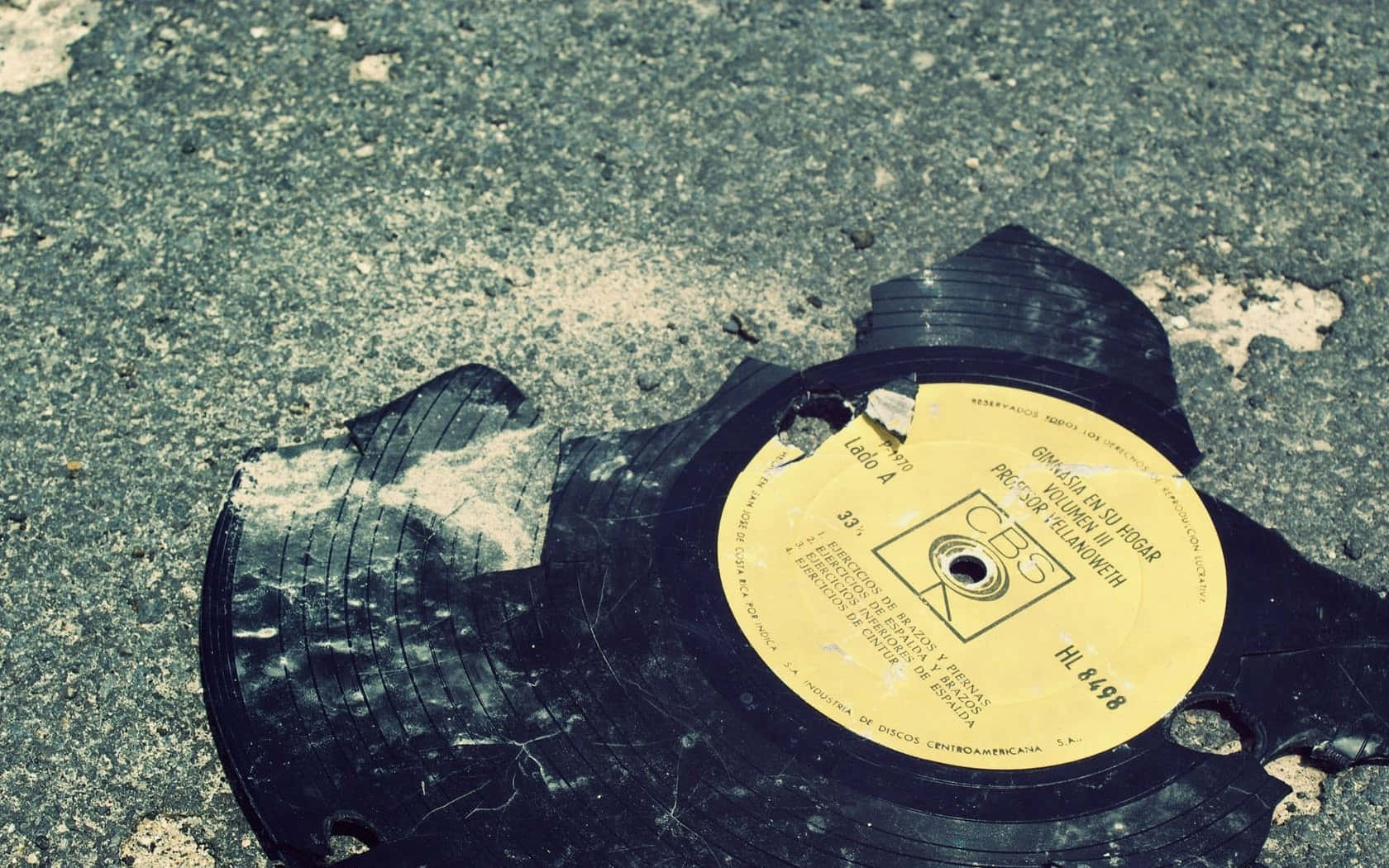 broken vinyl record, pavement, yellow label, HD Desktop Wallpaper