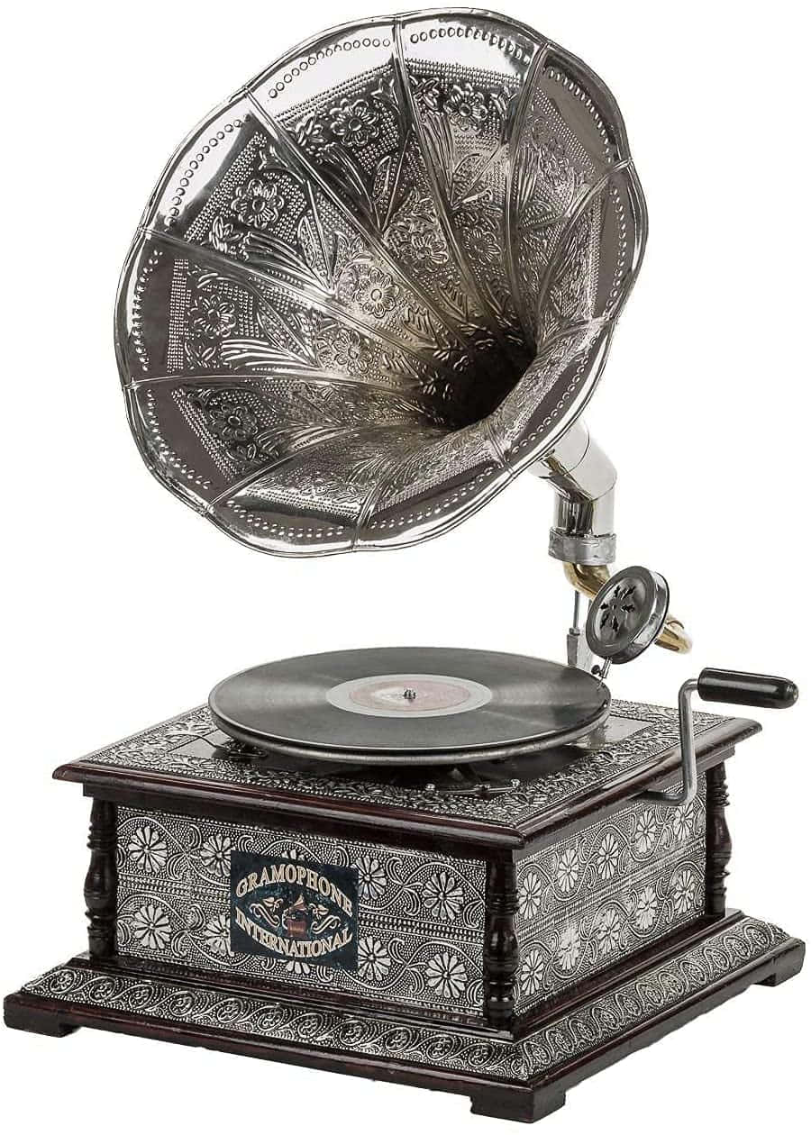 vintage gramophone, silver embossed horn, wooden base, SD Phone Wallpaper