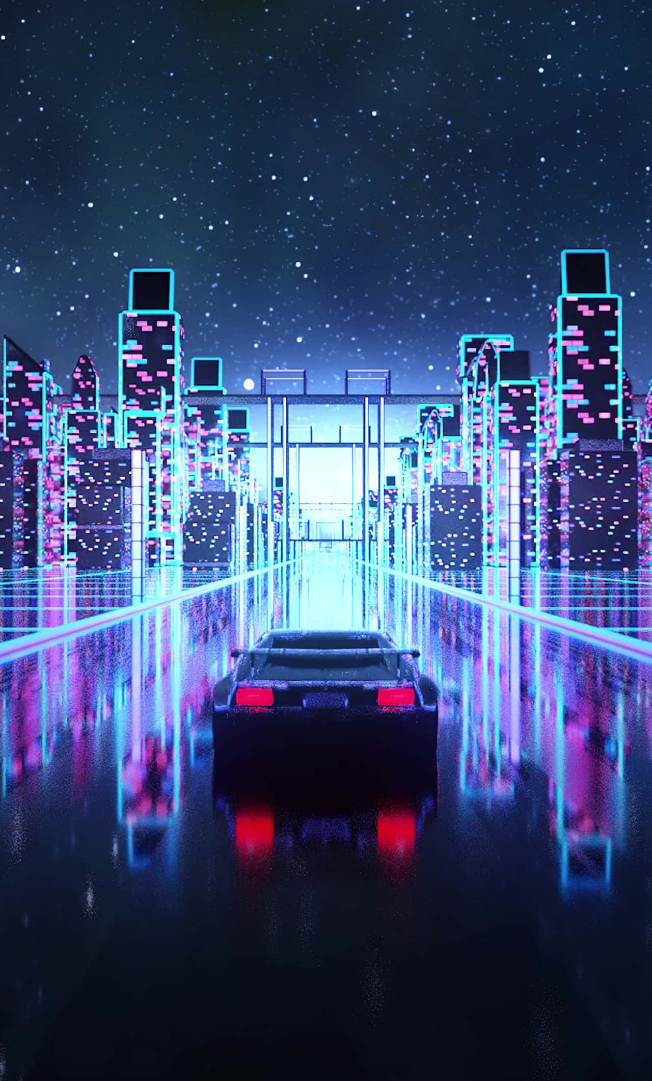 Retro Phone, neon-lit city street, starry night sky, Full HD Phone Wallpaper