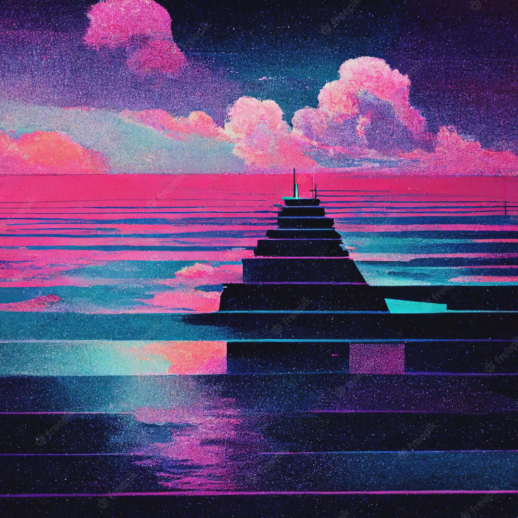 Vintage Retro Phone, neon pier, starry ocean, Full HD Desktop Wallpaper
