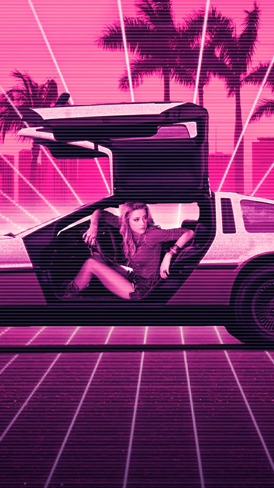 retro-futuristic car, neon pink palm trees, grid lines, Full HD Phone Wallpaper