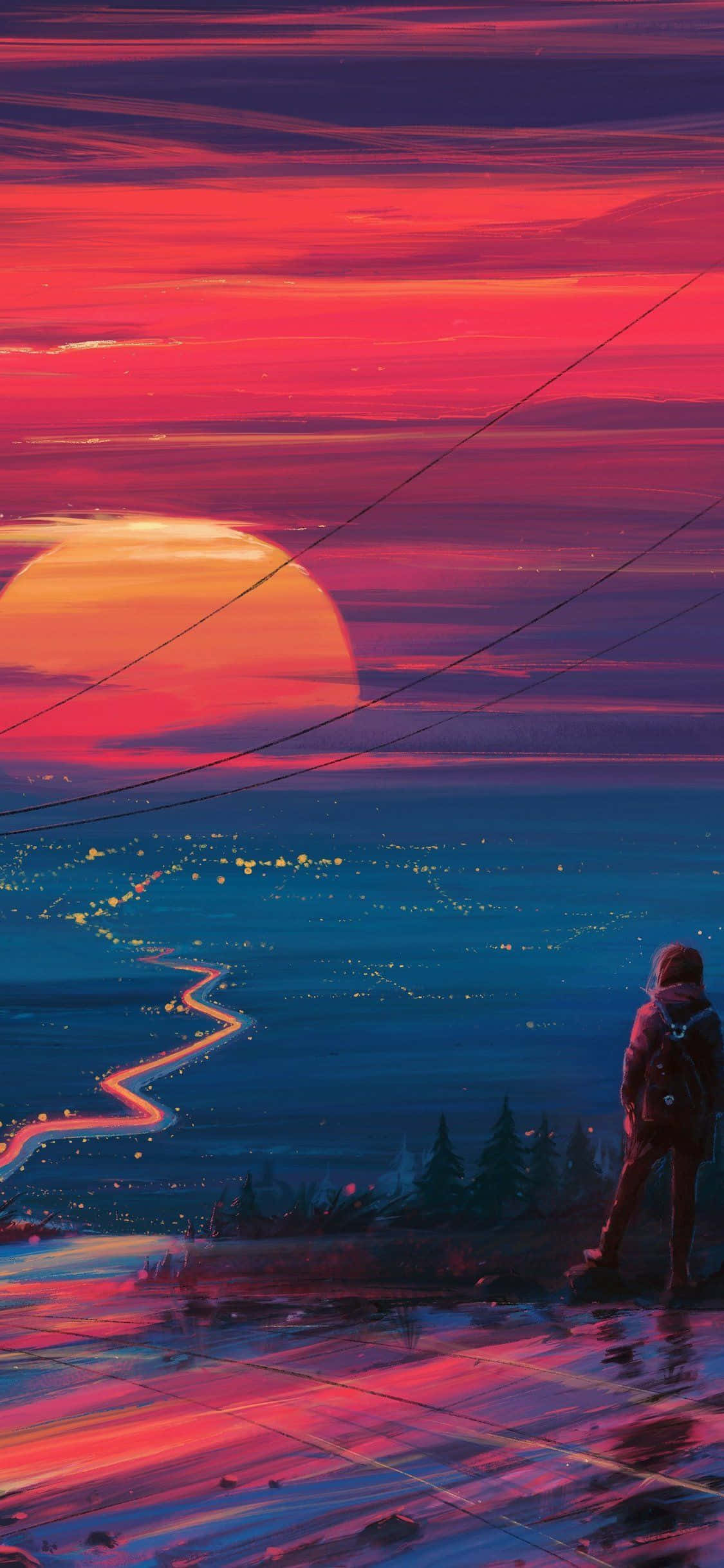 retro-style iPhone, vibrant red and orange sunset, glowing cityscape, Full HD Phone Wallpaper