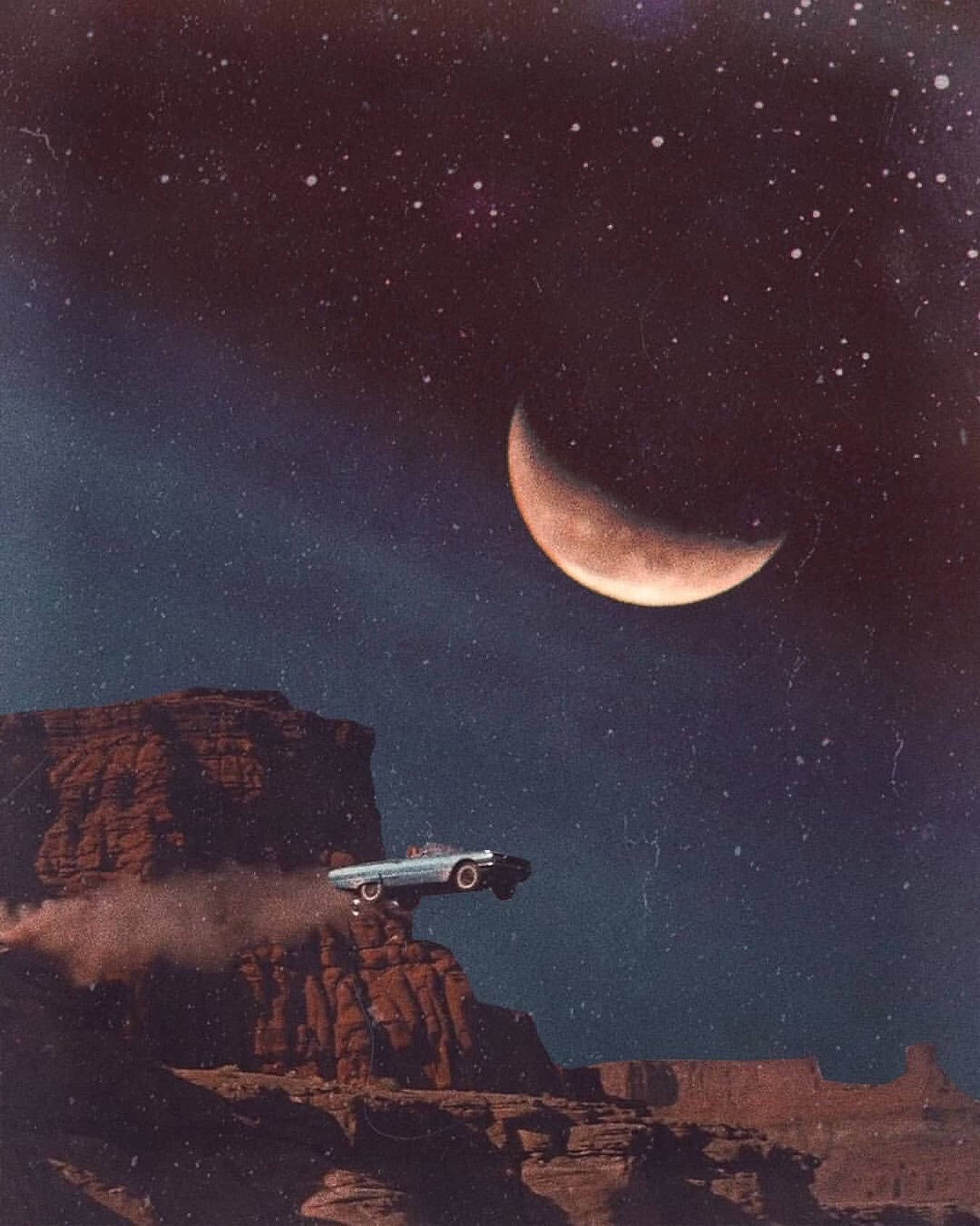 retro space, crescent moon, starry night sky, HD Phone Wallpaper