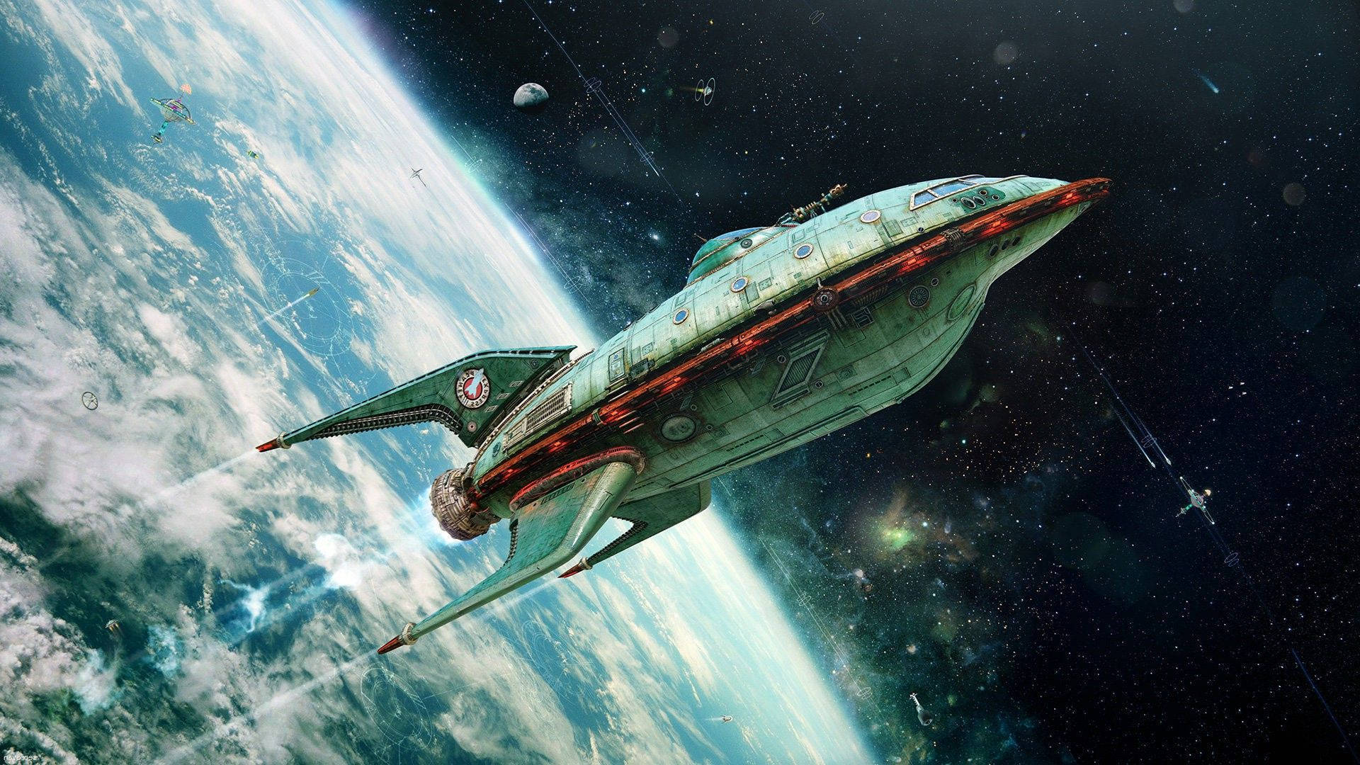 retro space, green spaceship, Earth, Full HD Desktop Wallpaper