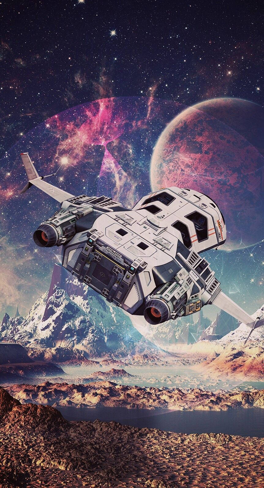 retro space, spaceship, snowy mountain range, HD Phone Wallpaper
