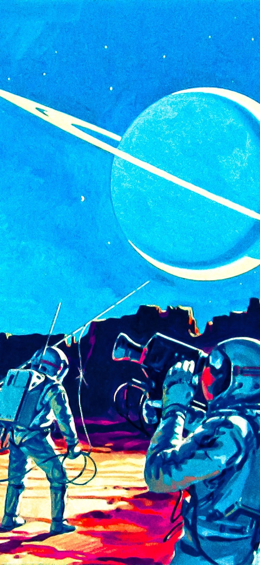 Retro Space, blue suits, red alien landscape, Full HD Phone Wallpaper