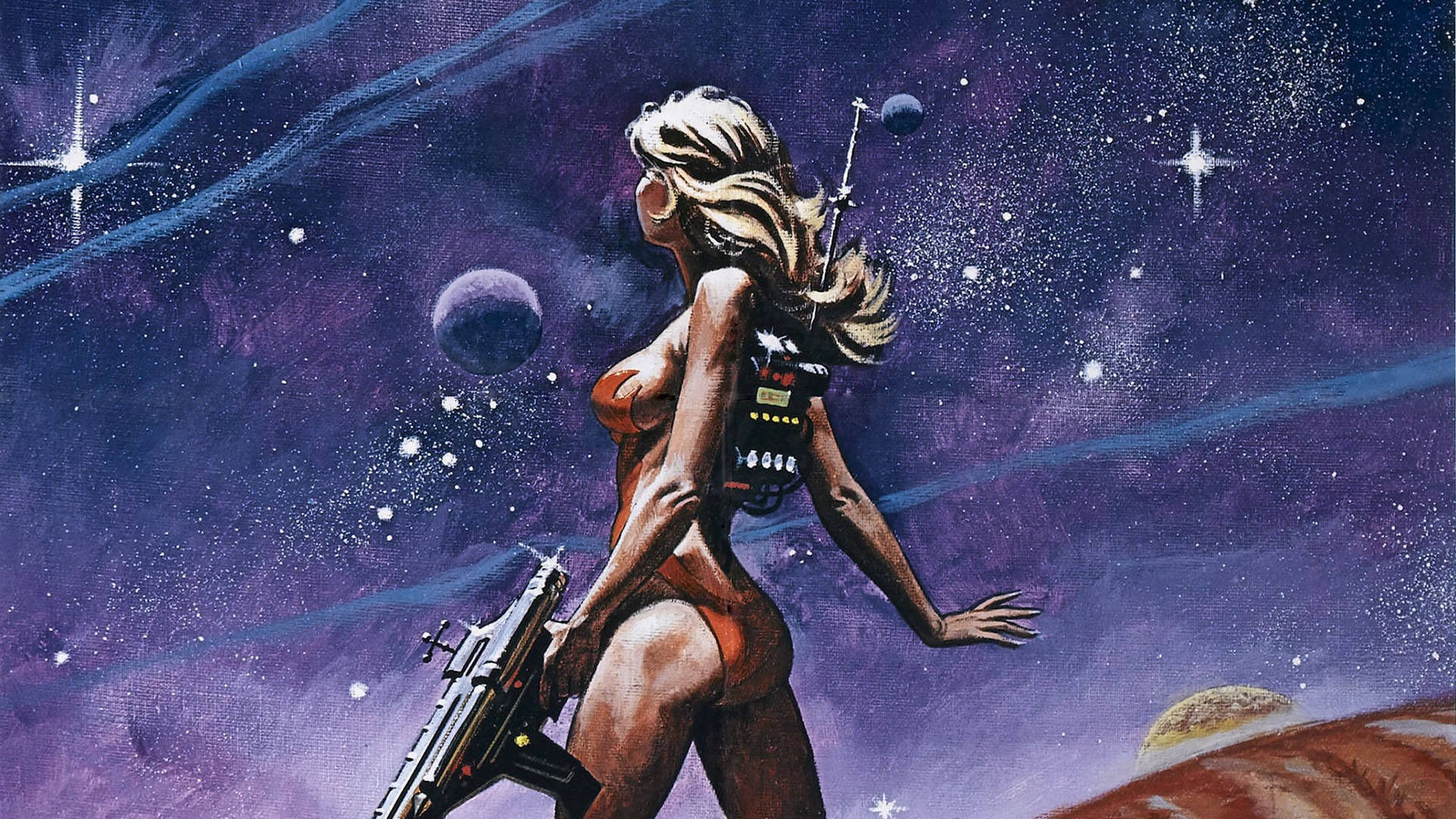 Retro Space, orange bikini, futuristic gun, Full HD Desktop Wallpaper