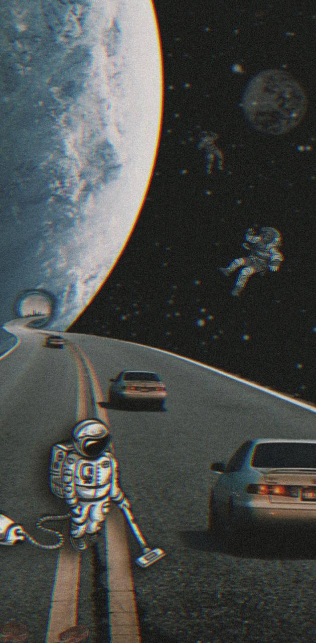 Retro Space, surreal highway, astronauts, HD Phone Wallpaper