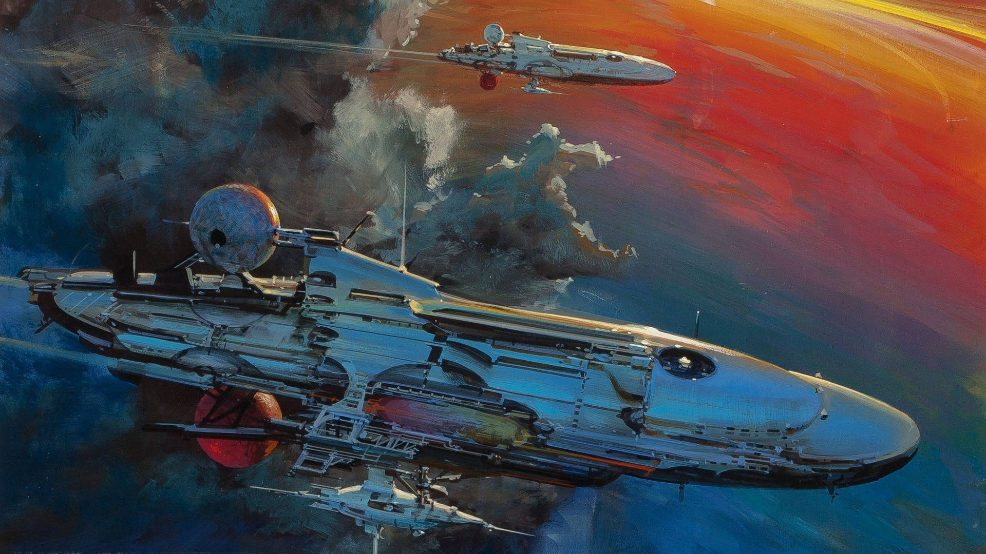 Retro Space, silver spaceship, vibrant cosmic sky, Full HD Desktop Wallpaper