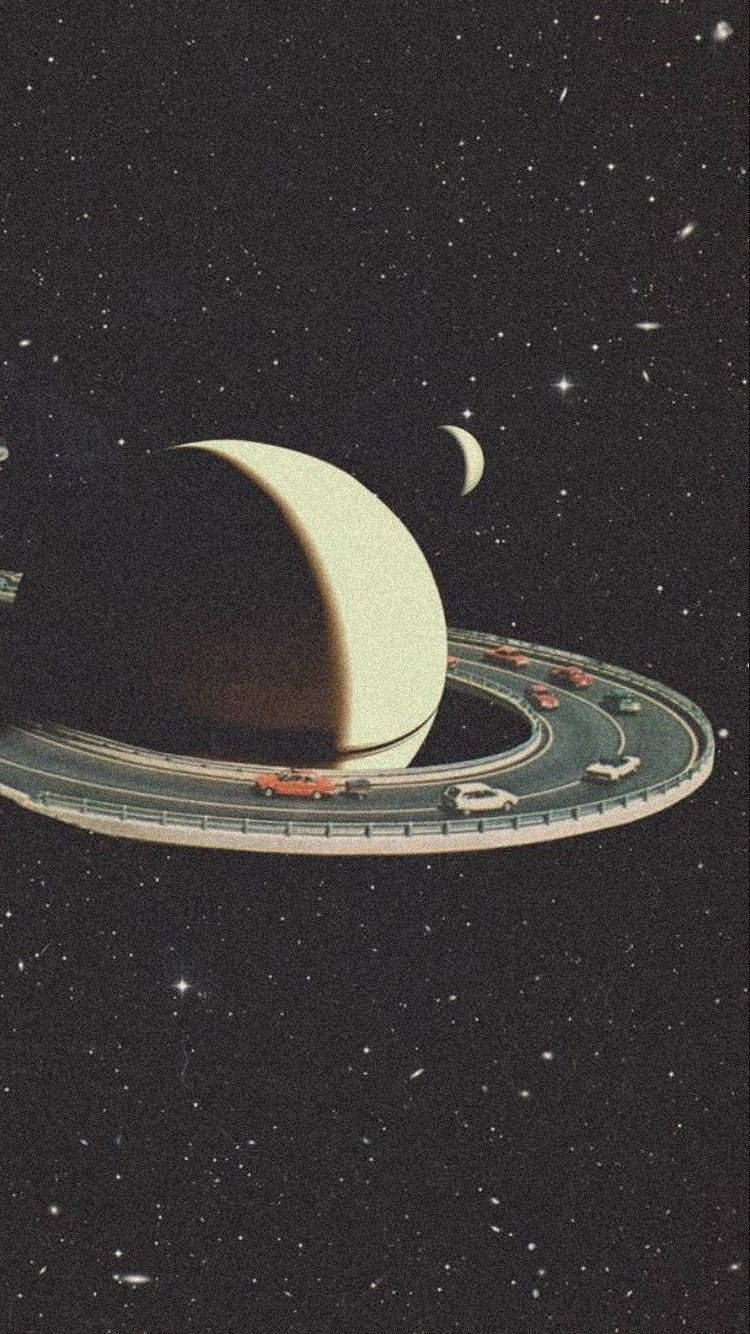 Retro Space, highway, planet with rings, HD Phone Wallpaper
