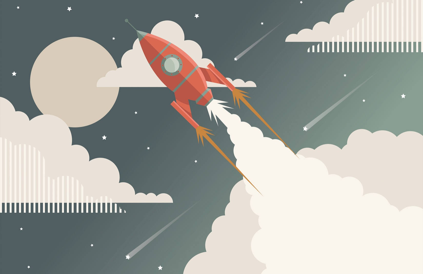 Retro Space, red rocket, clouds, HD Desktop Wallpaper