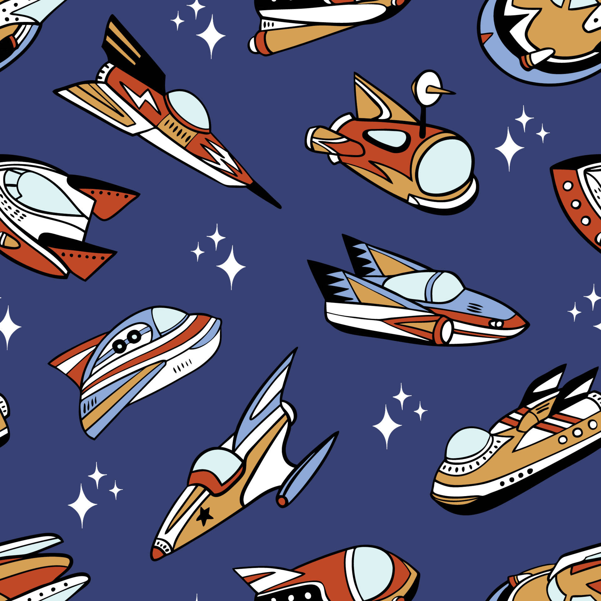 Retro Space, vibrant retro-style spaceships, deep blue starry sky, Full HD Desktop Wallpaper