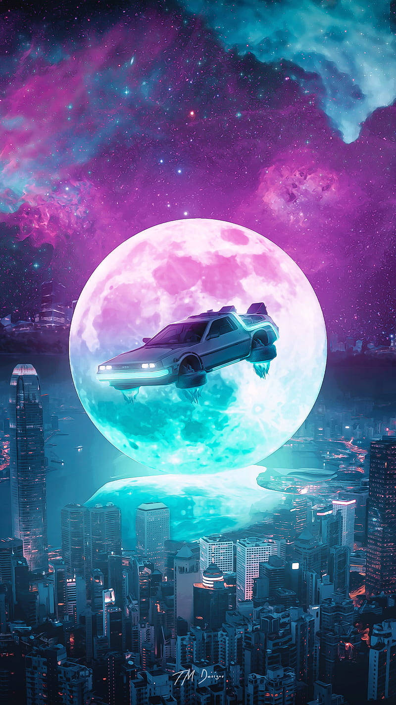 Retro Space, silver DeLorean, glowing pink and cyan moon, HD Phone Wallpaper