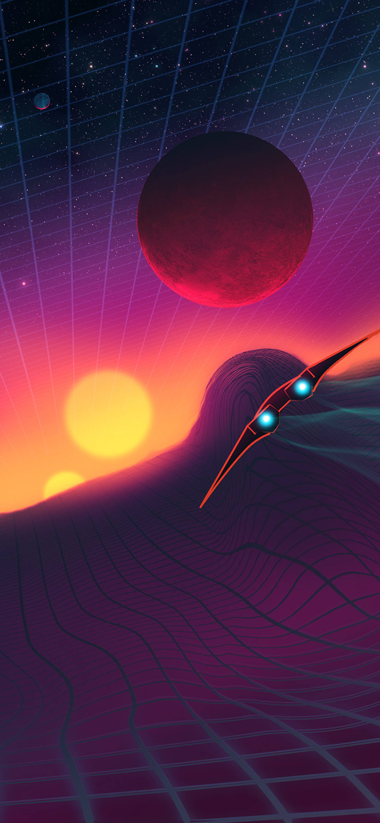 retro space, sleek futuristic spaceship, glowing grid landscape, 2K Phone Wallpaper