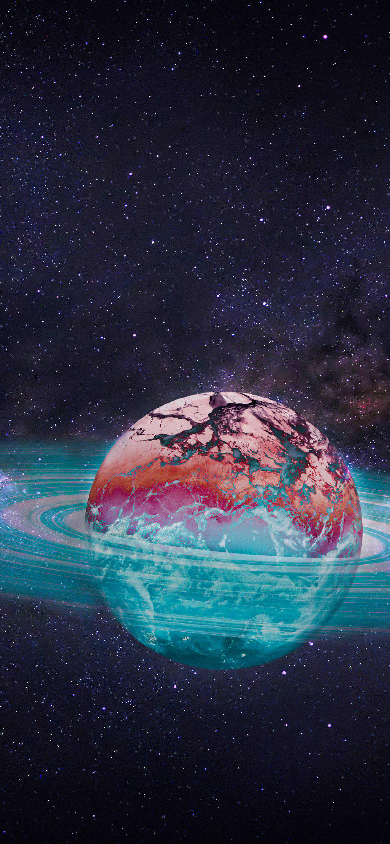 Retro Space, red and teal swirling surfaces, starry cosmic void, 2K Phone Wallpaper