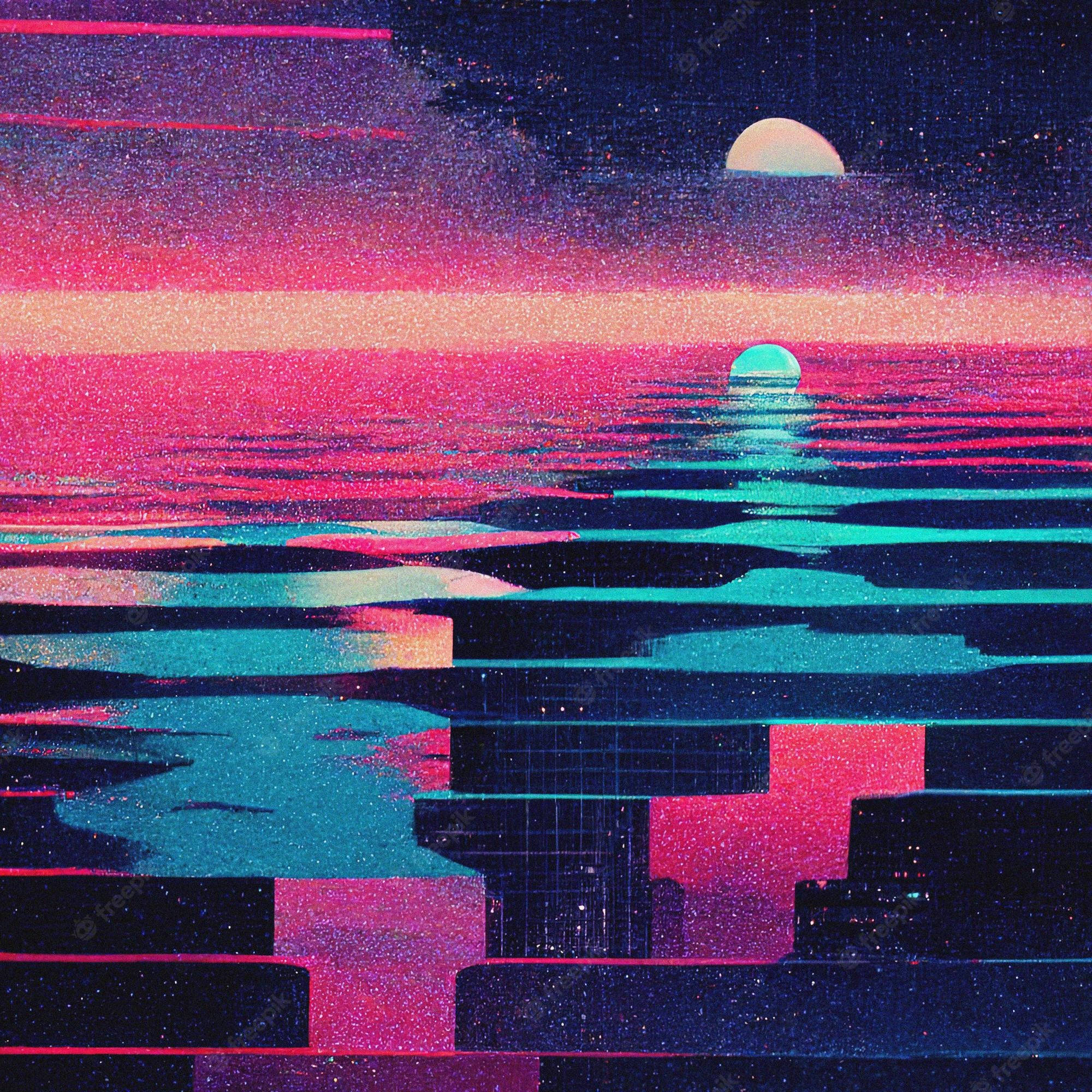 Retro Space, neon sunset, futuristic cityscape, Full HD Desktop Wallpaper
