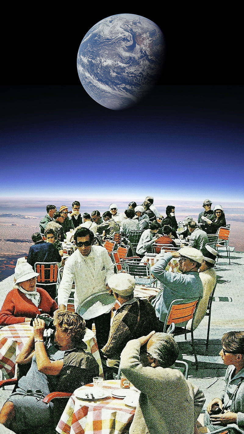 Retro Space, space station terrace, Earth, HD Phone Wallpaper