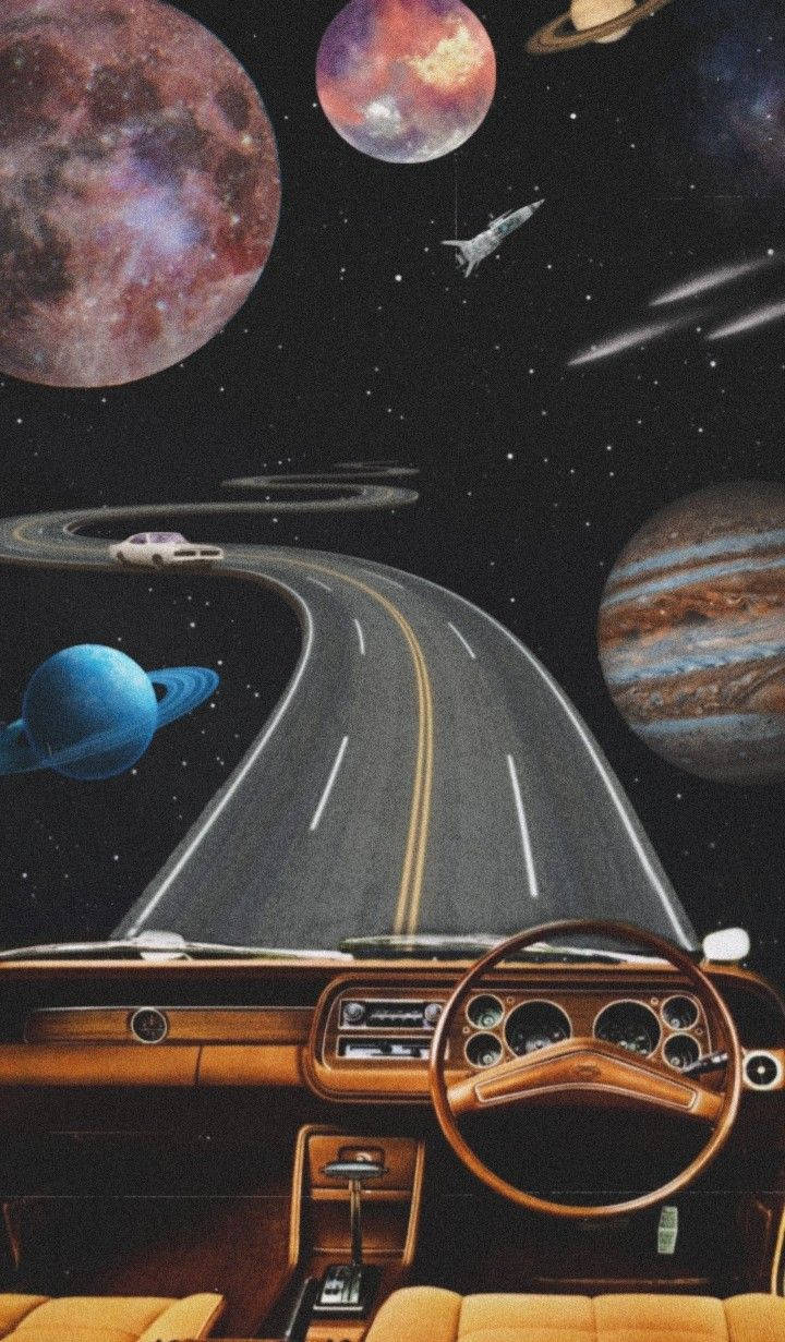 Retro Space, vintage car, winding road, SD Phone Wallpaper