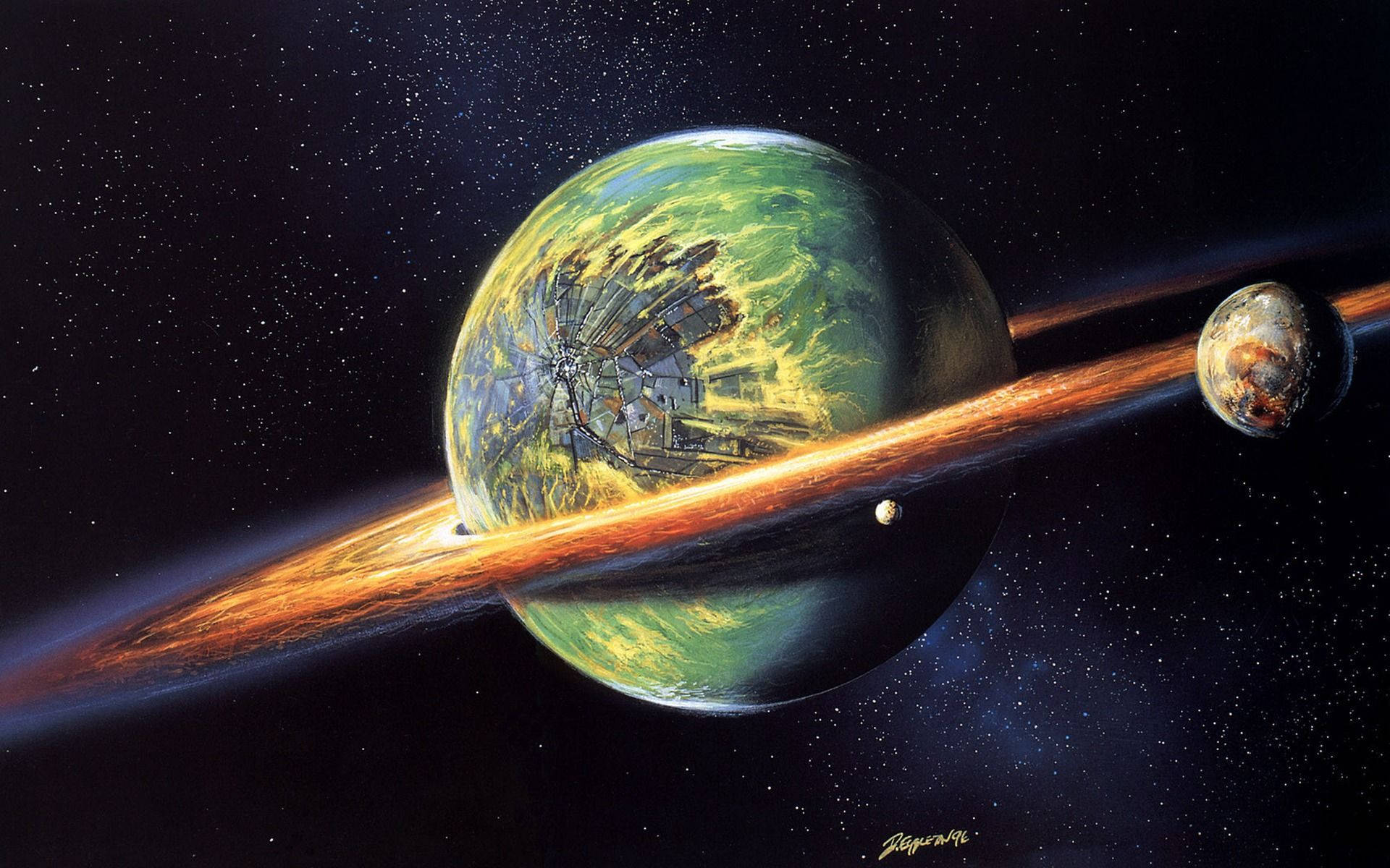 Retro Space, green planet, massive ring system, Full HD Desktop Wallpaper