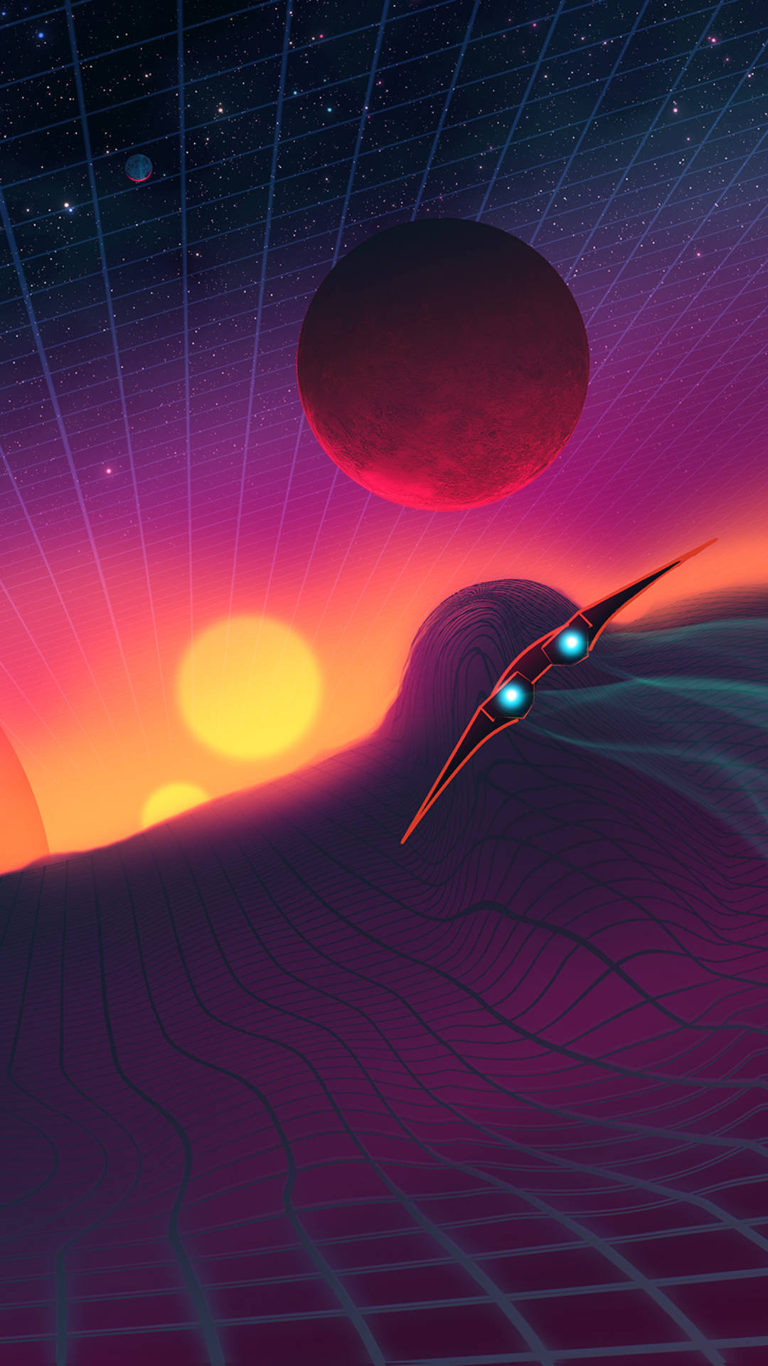 Retro Space, purple landscape, glowing sun, Full HD Phone Wallpaper