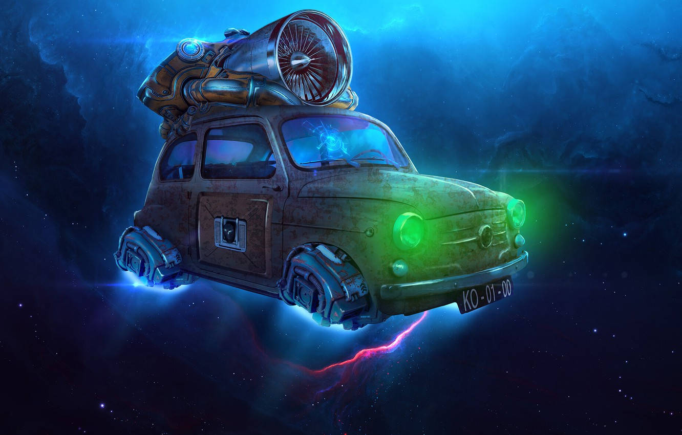 retro space, rusted vintage car, glowing green headlights, HD Desktop Wallpaper