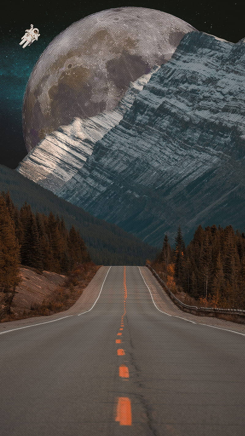 retro space, colossal moon, snow-capped mountains, HD Phone Wallpaper