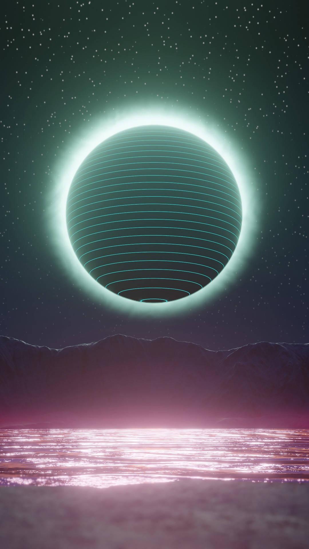 Glowing Sphere, neon planet, purple mountain range, Full HD Phone Wallpaper