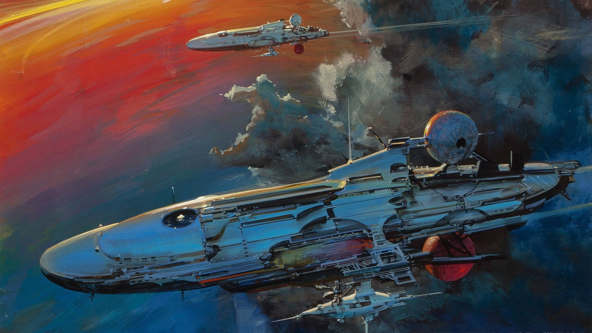 Retro Space, spaceships, cosmic sky, Full HD Desktop Wallpaper