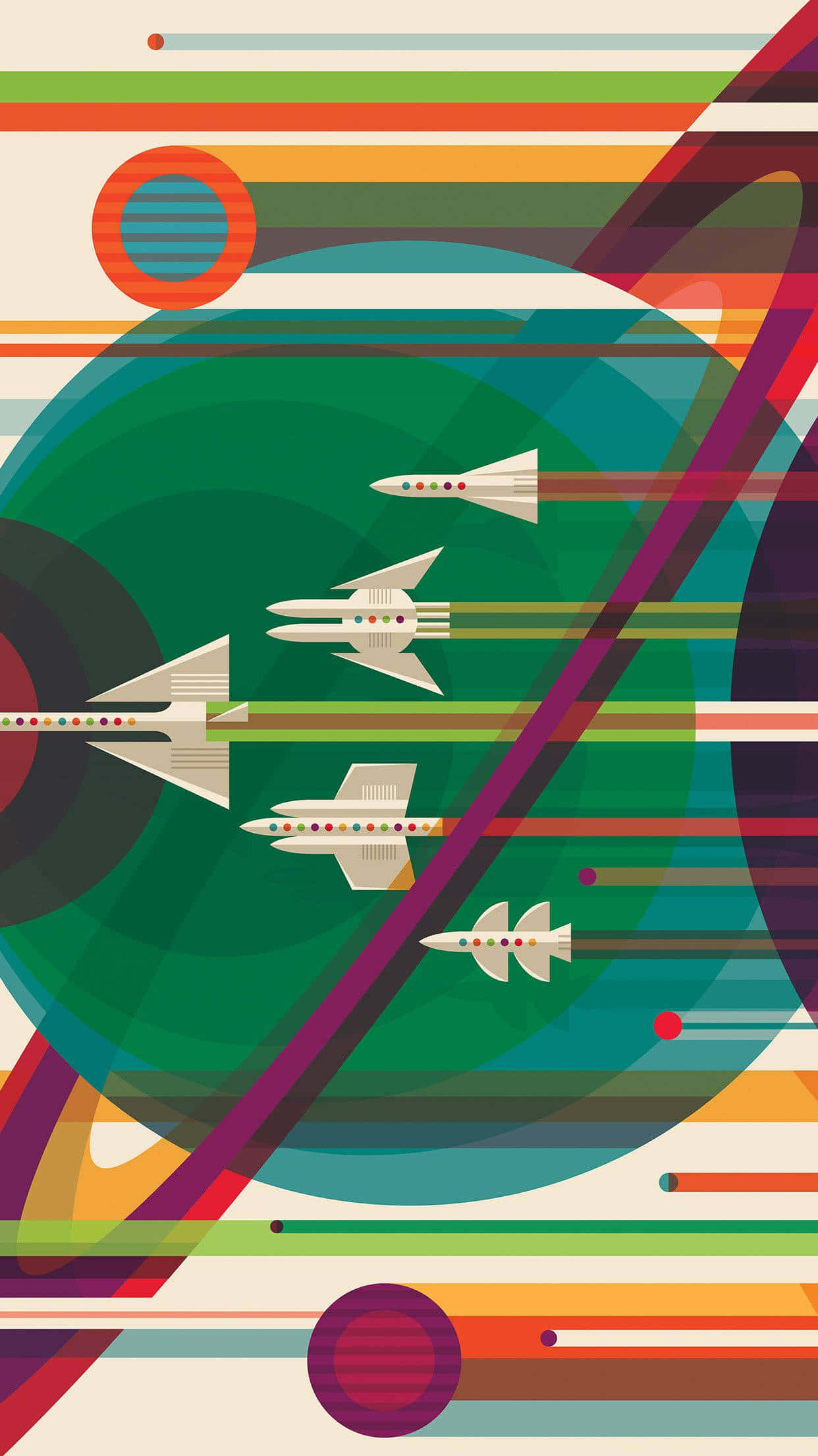 Retro Futurism, sleek white spaceships, colorful cosmic scene, Full HD Phone Wallpaper