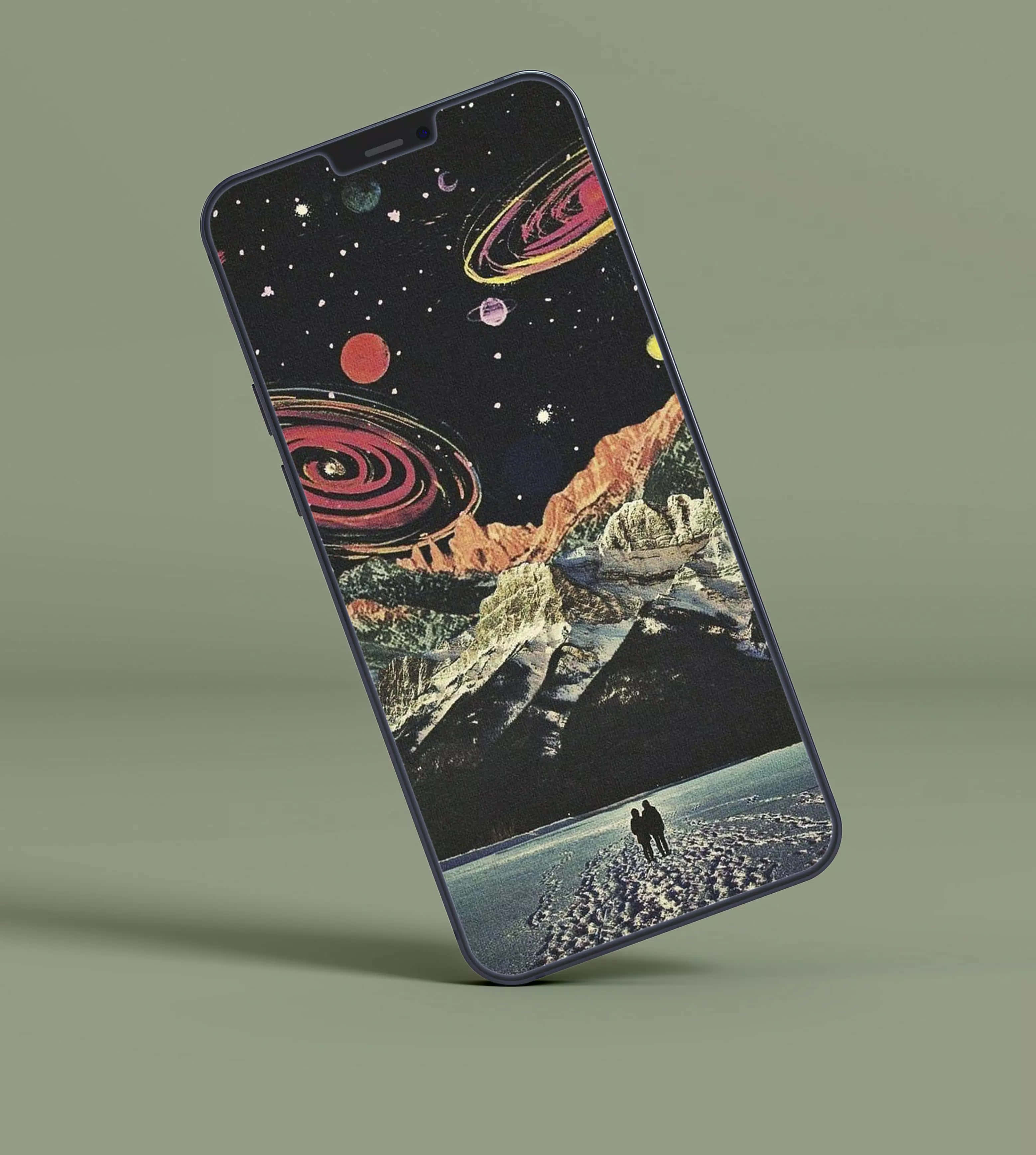 Retro Futurism, cosmic planets, mountains, 2K Phone Wallpaper