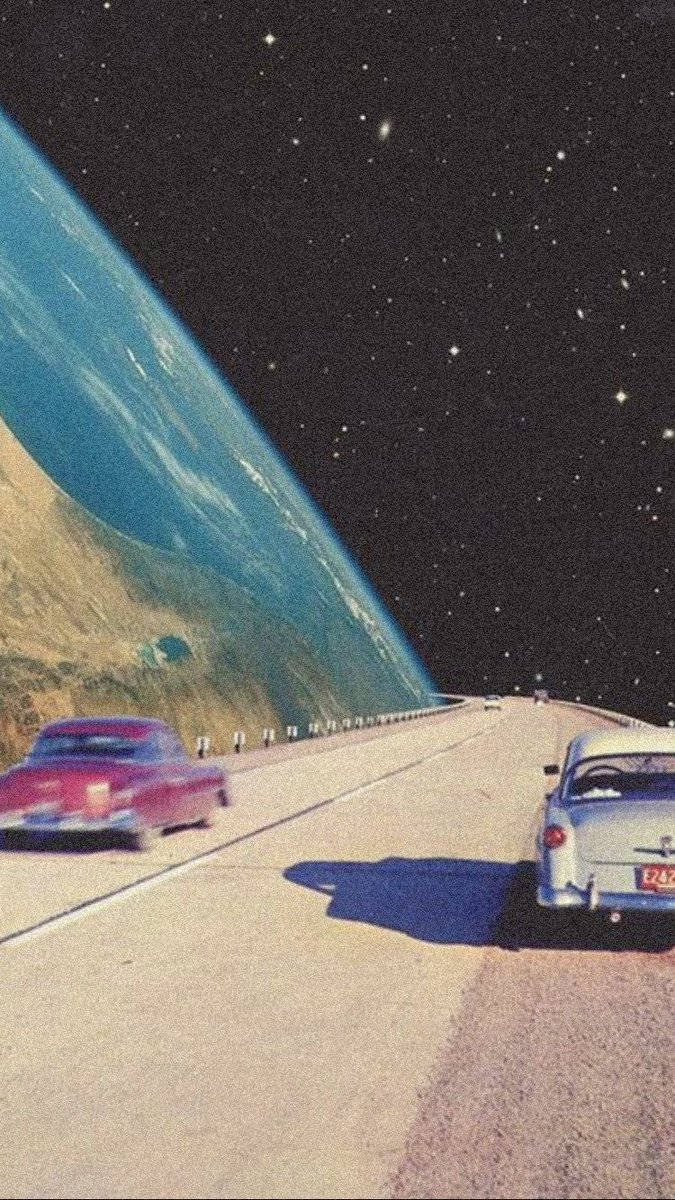 vintage cars, highway curving through space, Earth's curved horizon, SD Phone Wallpaper