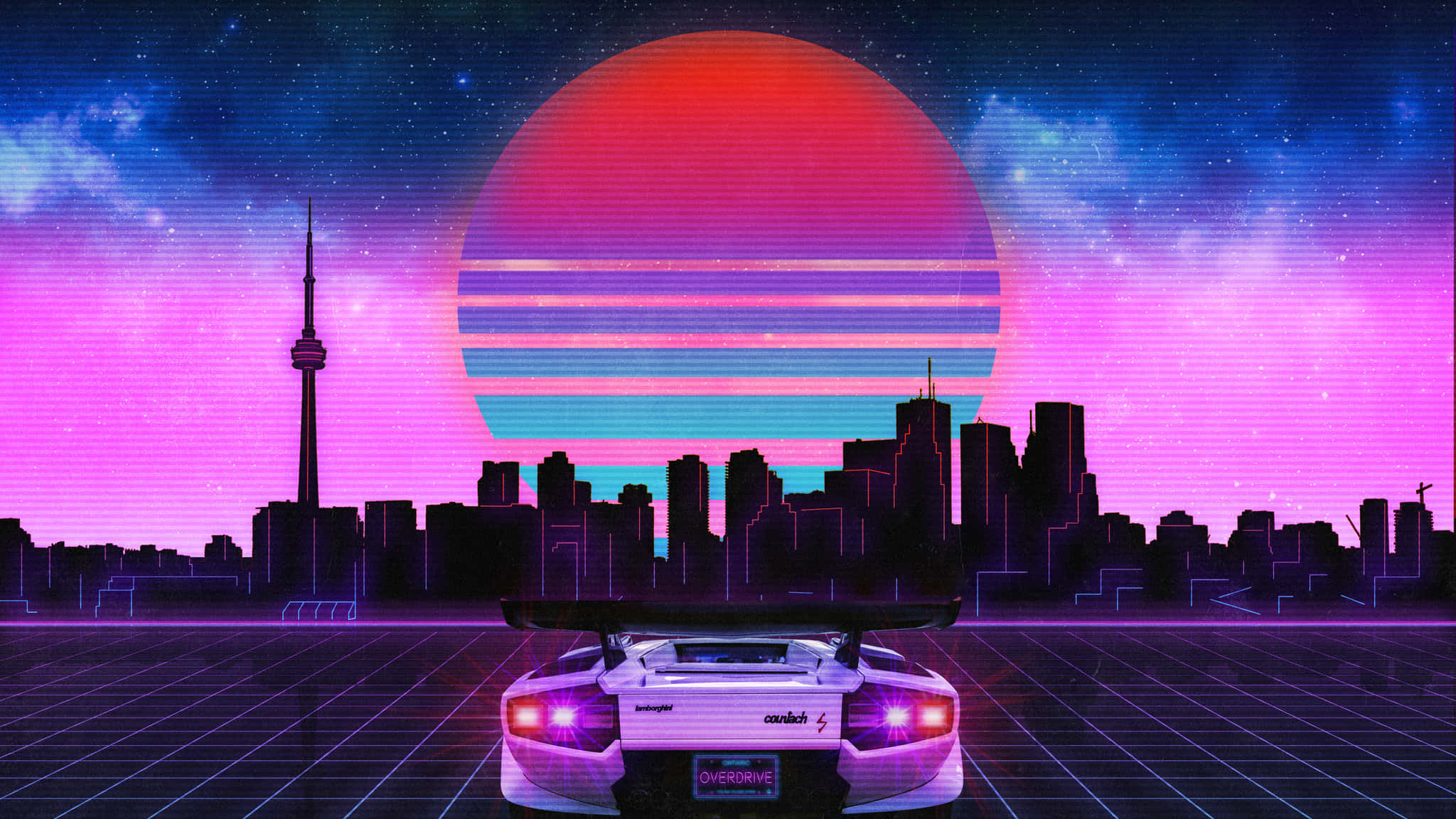retrofuturistic sports car, neon-drenched city skyline, giant pixelated sunset, Full HD Desktop Wallpaper