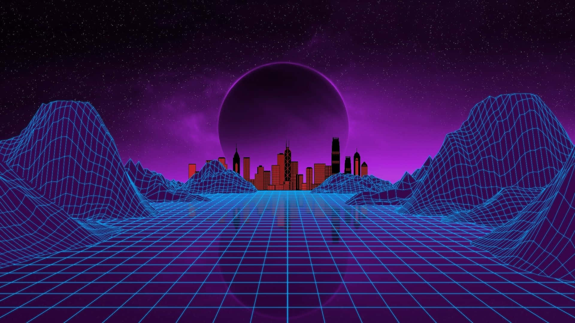 neon grid landscape, wireframe mountains, glowing city, Full HD Desktop Wallpaper