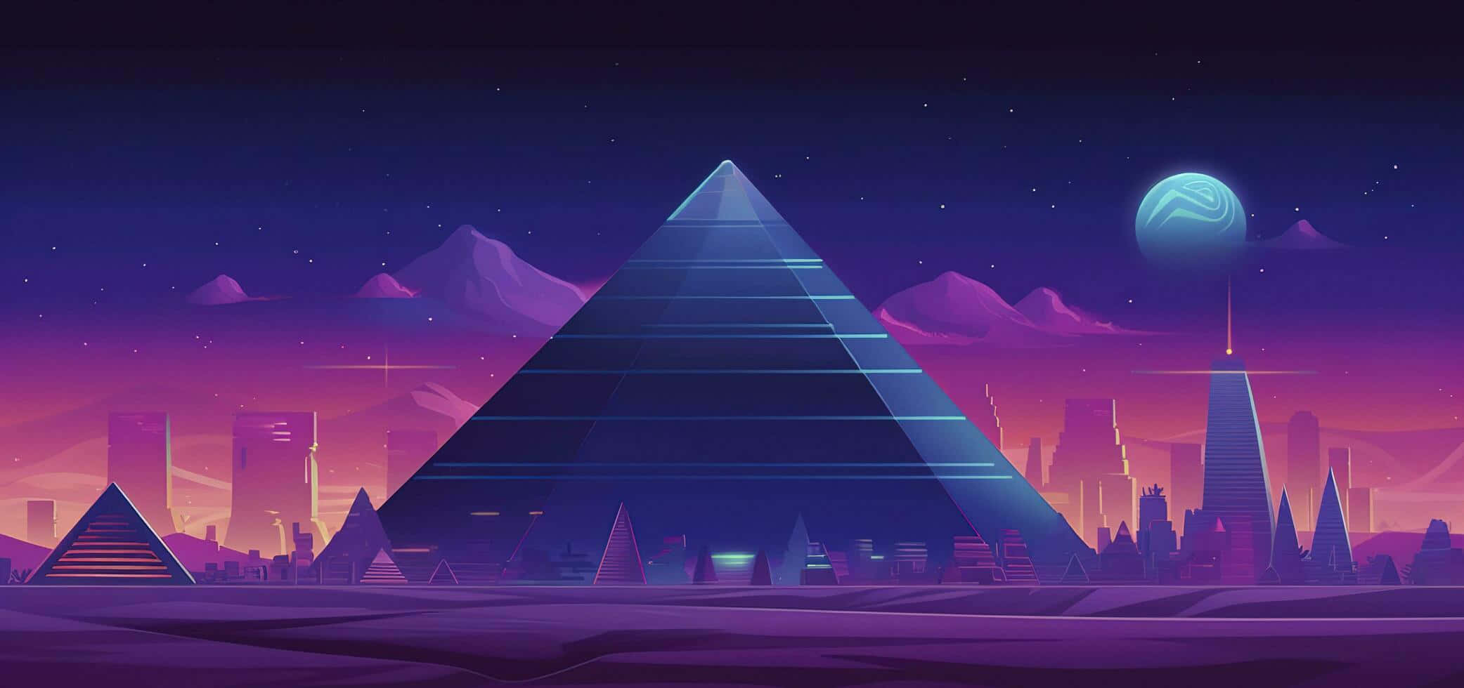 glowing blue pyramid, futuristic cityscape, purple twilight sky, Full HD Desktop Wallpaper