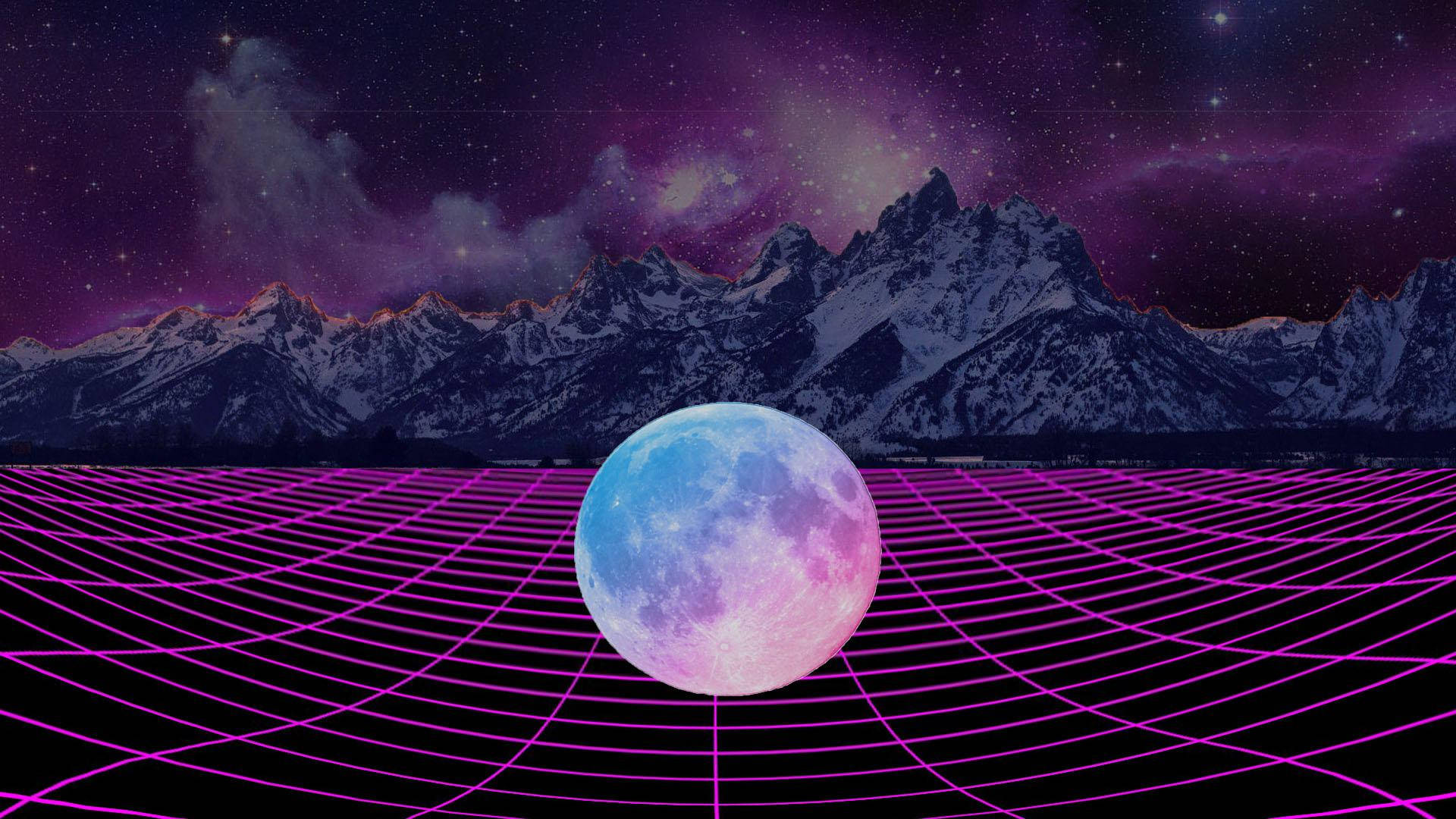 Retro Space, glowing moon, neon grid, Full HD Desktop Wallpaper