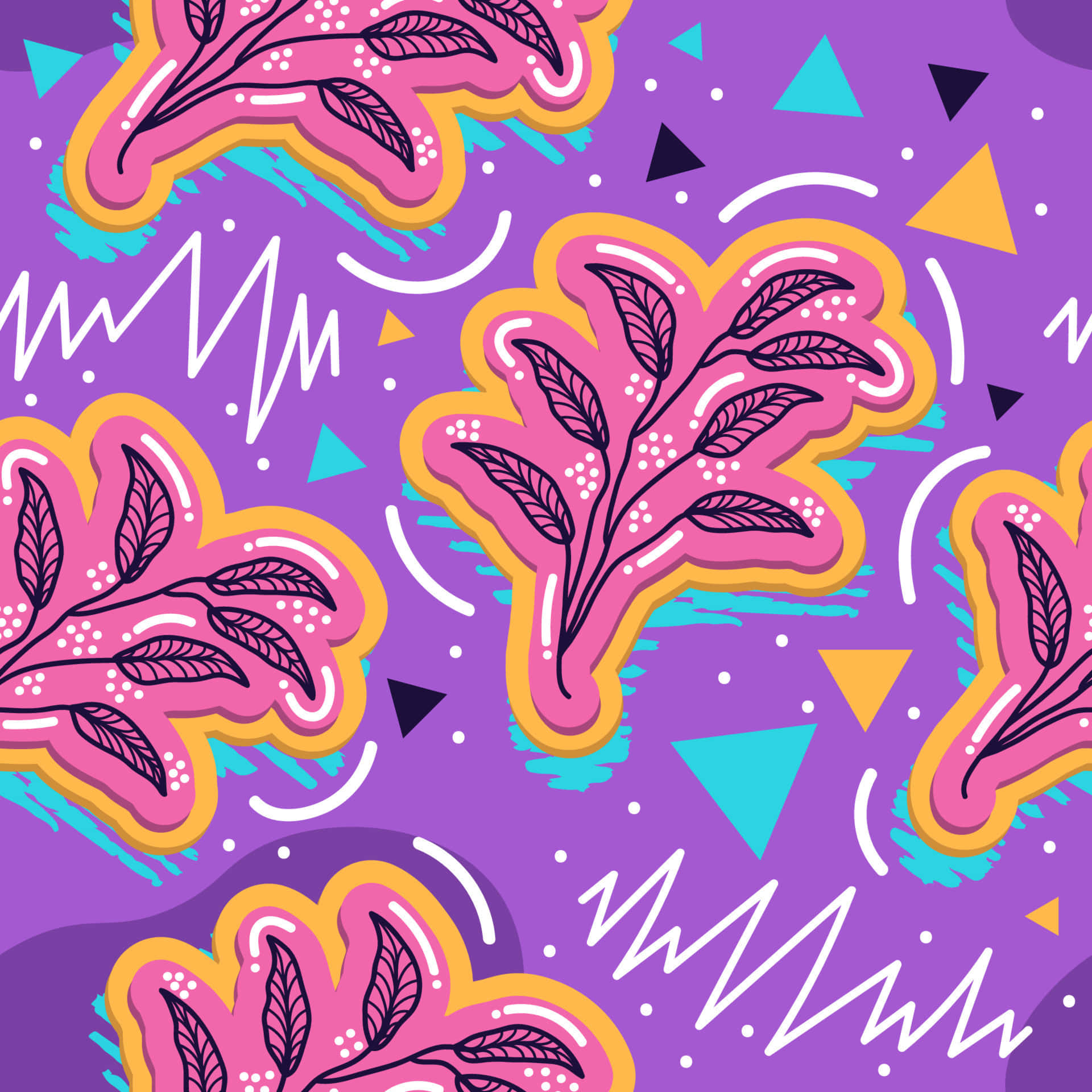 retro pattern, pink leaf motifs, yellow outlines, Full HD Desktop Wallpaper