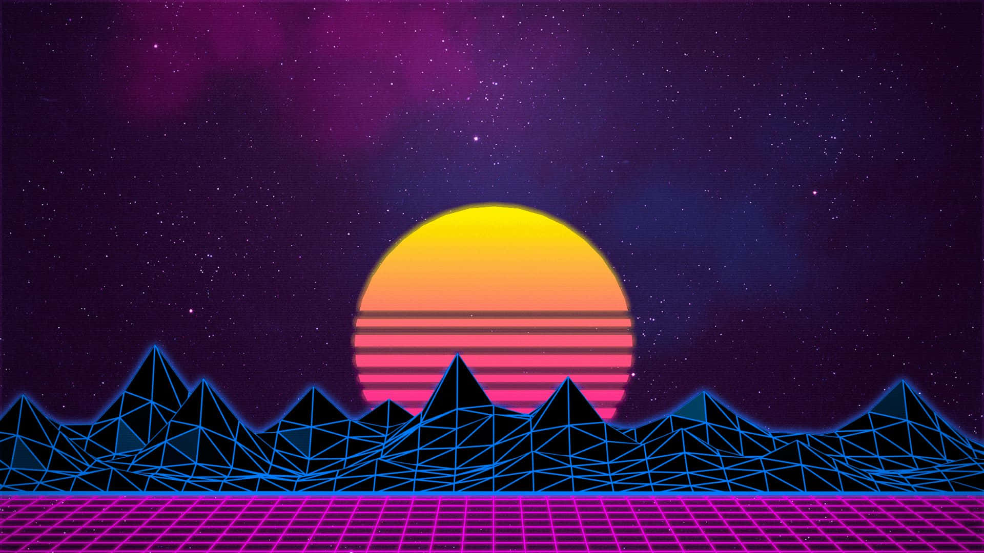 retrofuturistic sunset, striped yellow orange sun, geometric blue mountains, Full HD Desktop Wallpaper