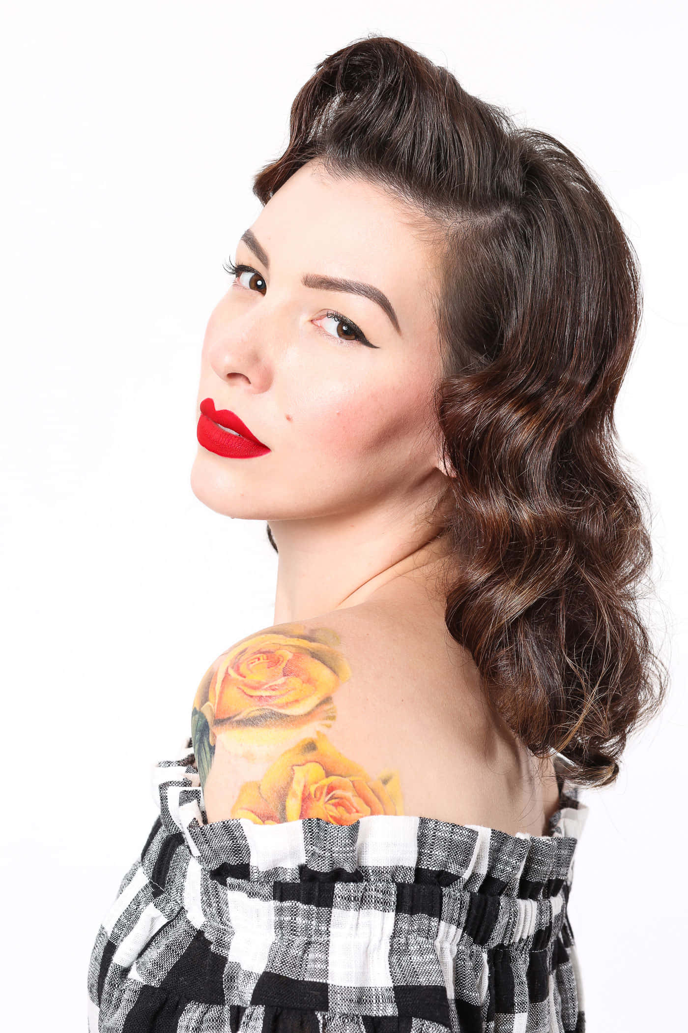 vintage pin-up hair, bold red lips, rose tattoo, Full HD Phone Wallpaper