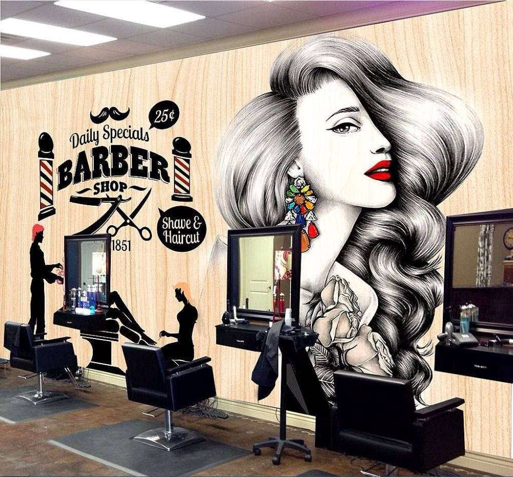 retro-style Hair Salon Barbershop, glamorous woman with red lips, colorful earrings, SD Desktop Wallpaper