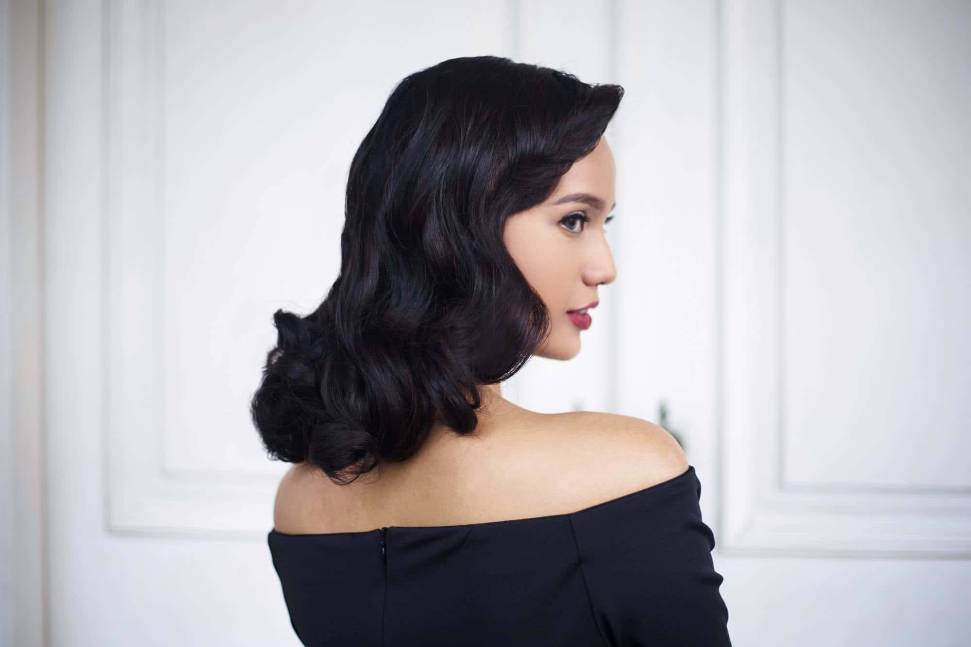 glossy black waves, red lips, black off-shoulder dress, Full HD Desktop Wallpaper