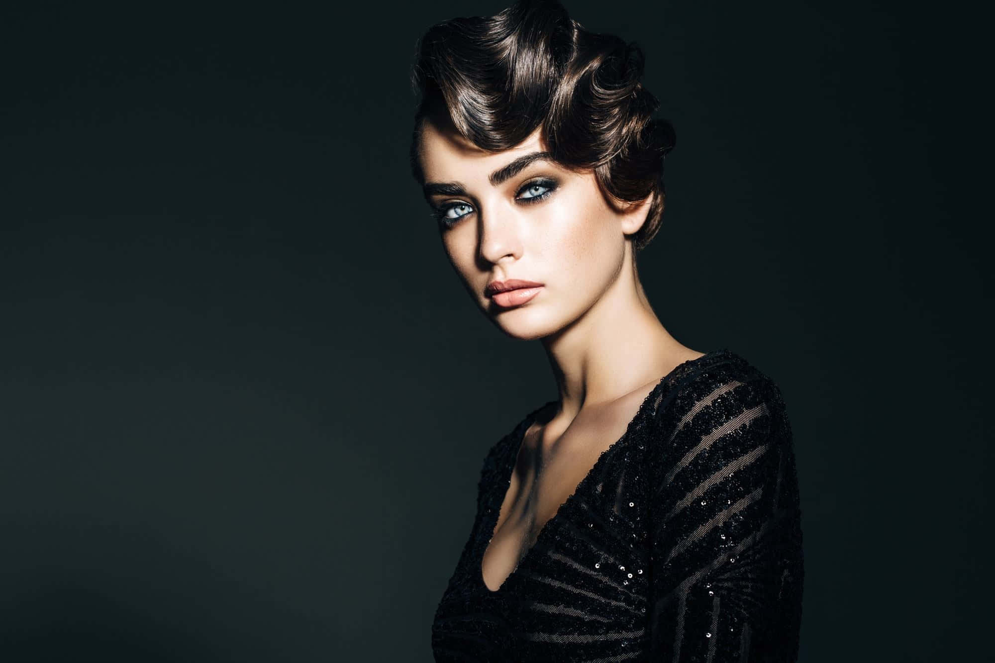 vintage curls, bold blue eyes, dark studio portrait, Full HD Desktop Wallpaper
