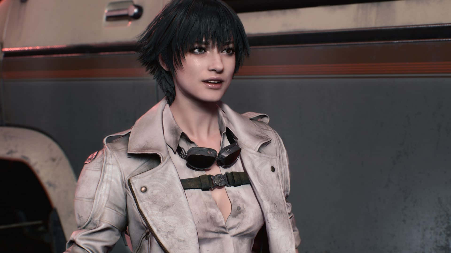 cyberpunk woman, short black hair, weathered beige jacket, Full HD Desktop Wallpaper