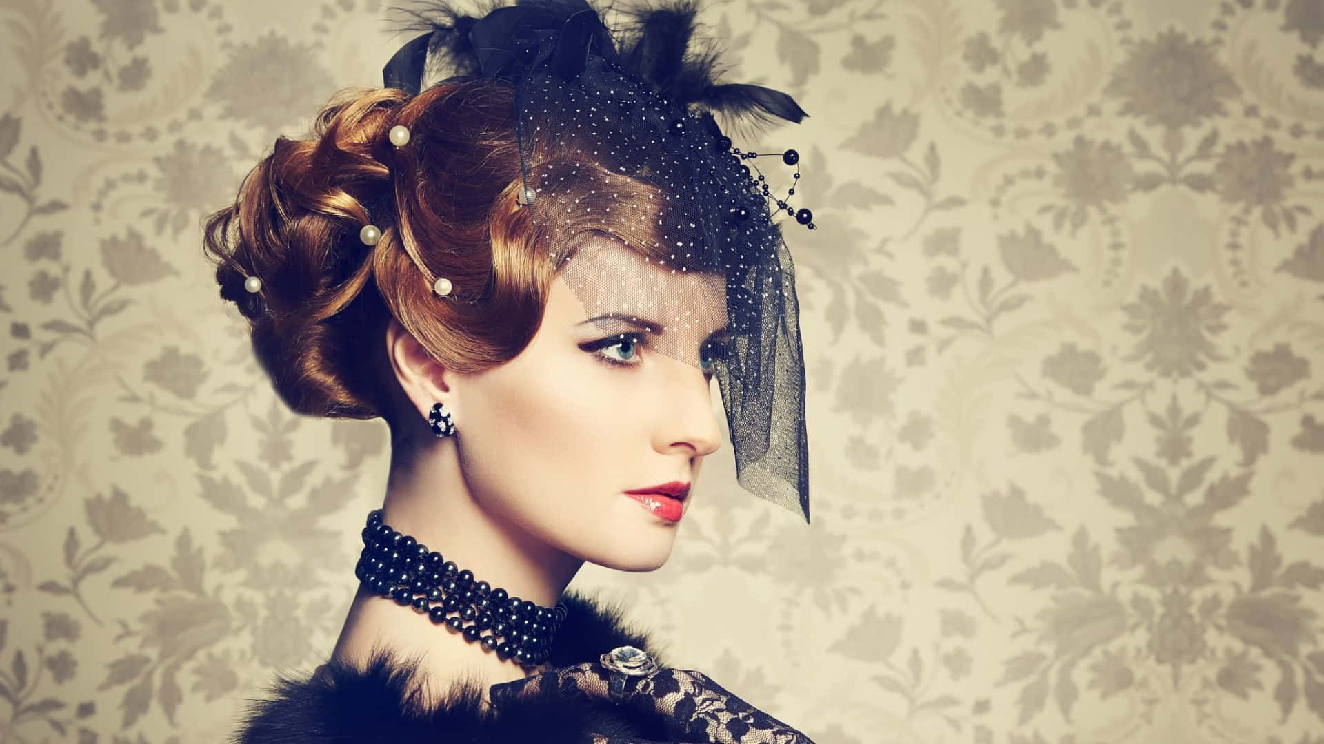 vintage attire, feathered veil, pearl hairpins, Full HD Desktop Wallpaper