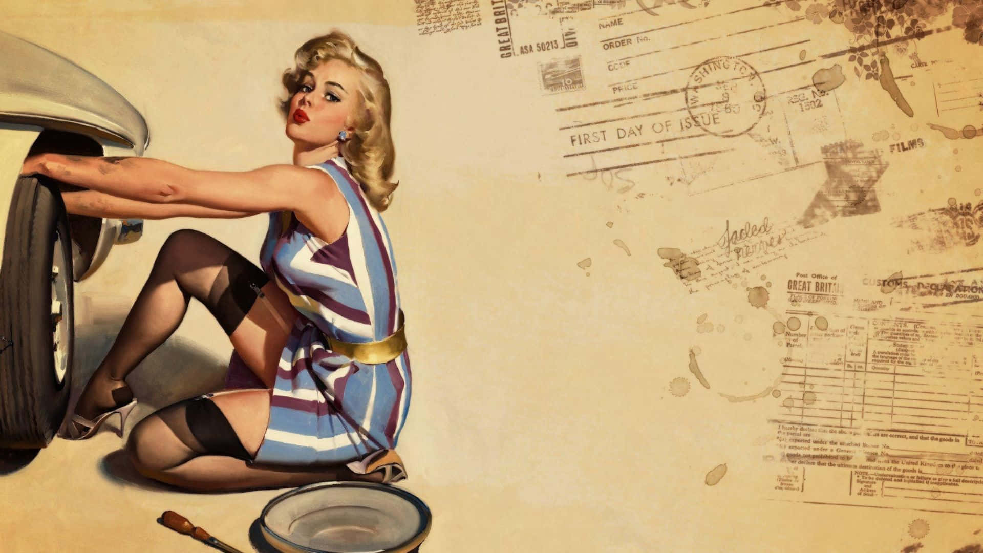 vintage pin-up woman, striped dress, classic car, Full HD Desktop Wallpaper