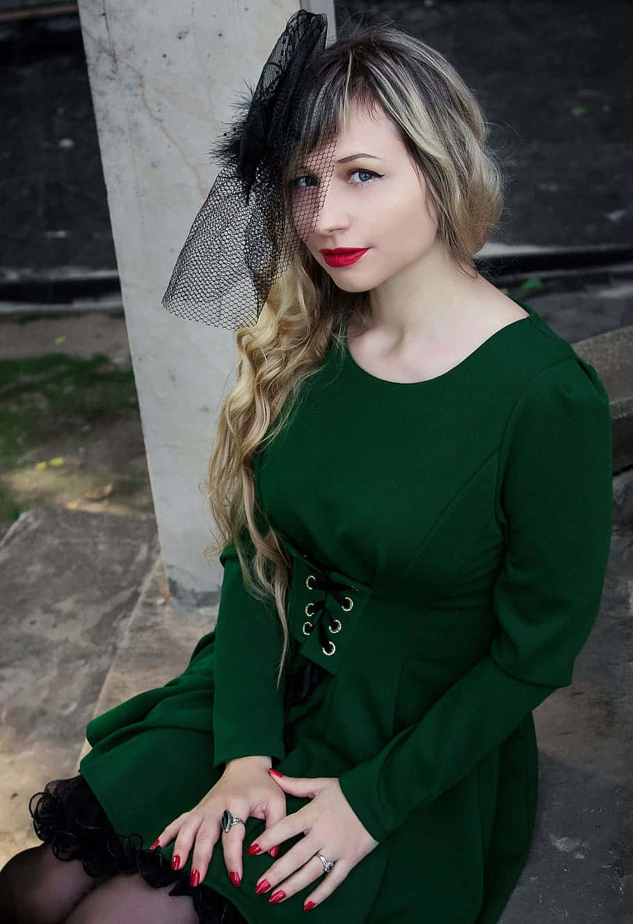 dark green dress, black veil, red lipstick, HD Phone Wallpaper