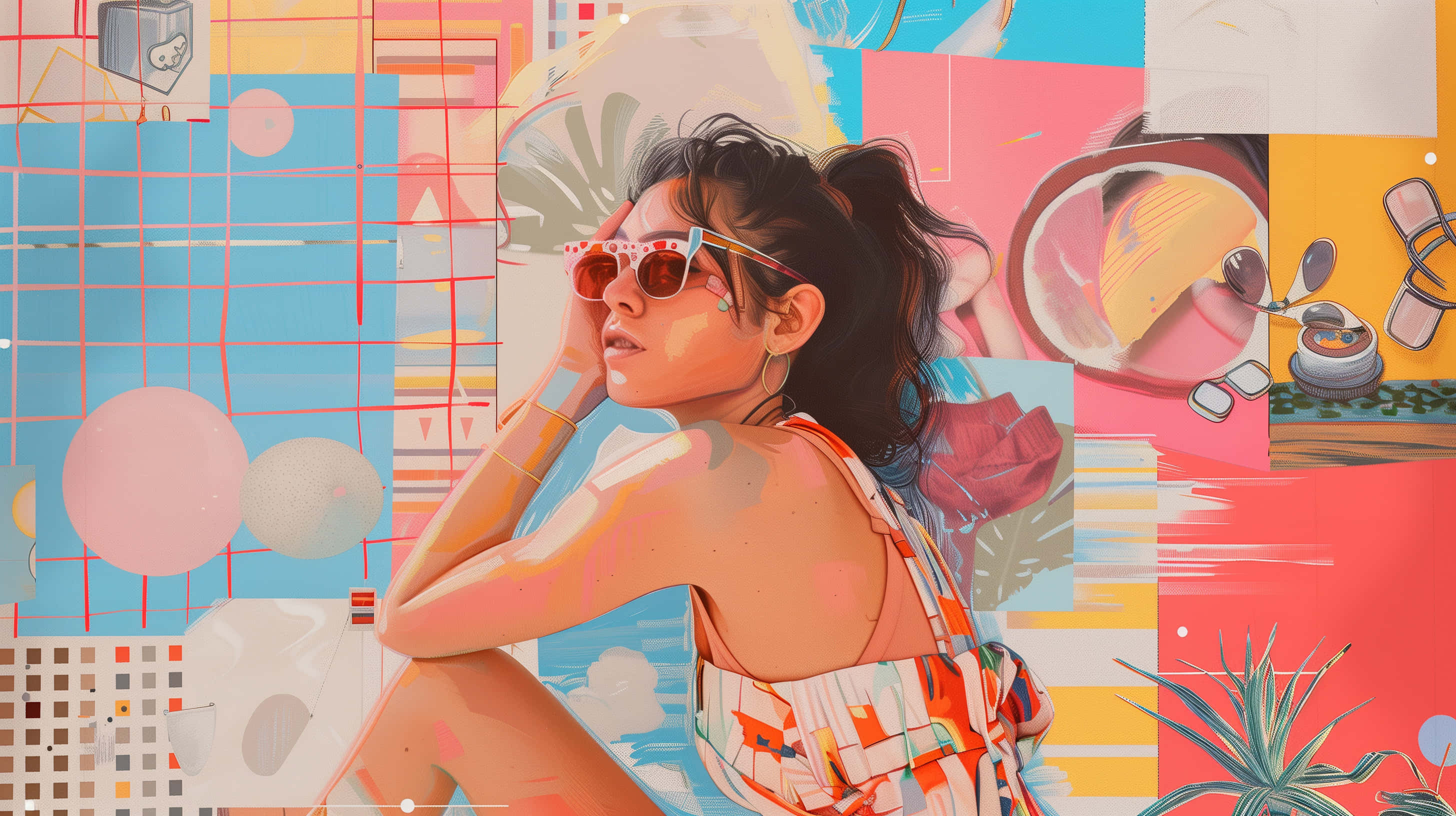 Retro Summer Vibes Artwork, sunglasses, patterned swimsuit, 2K Desktop Wallpaper